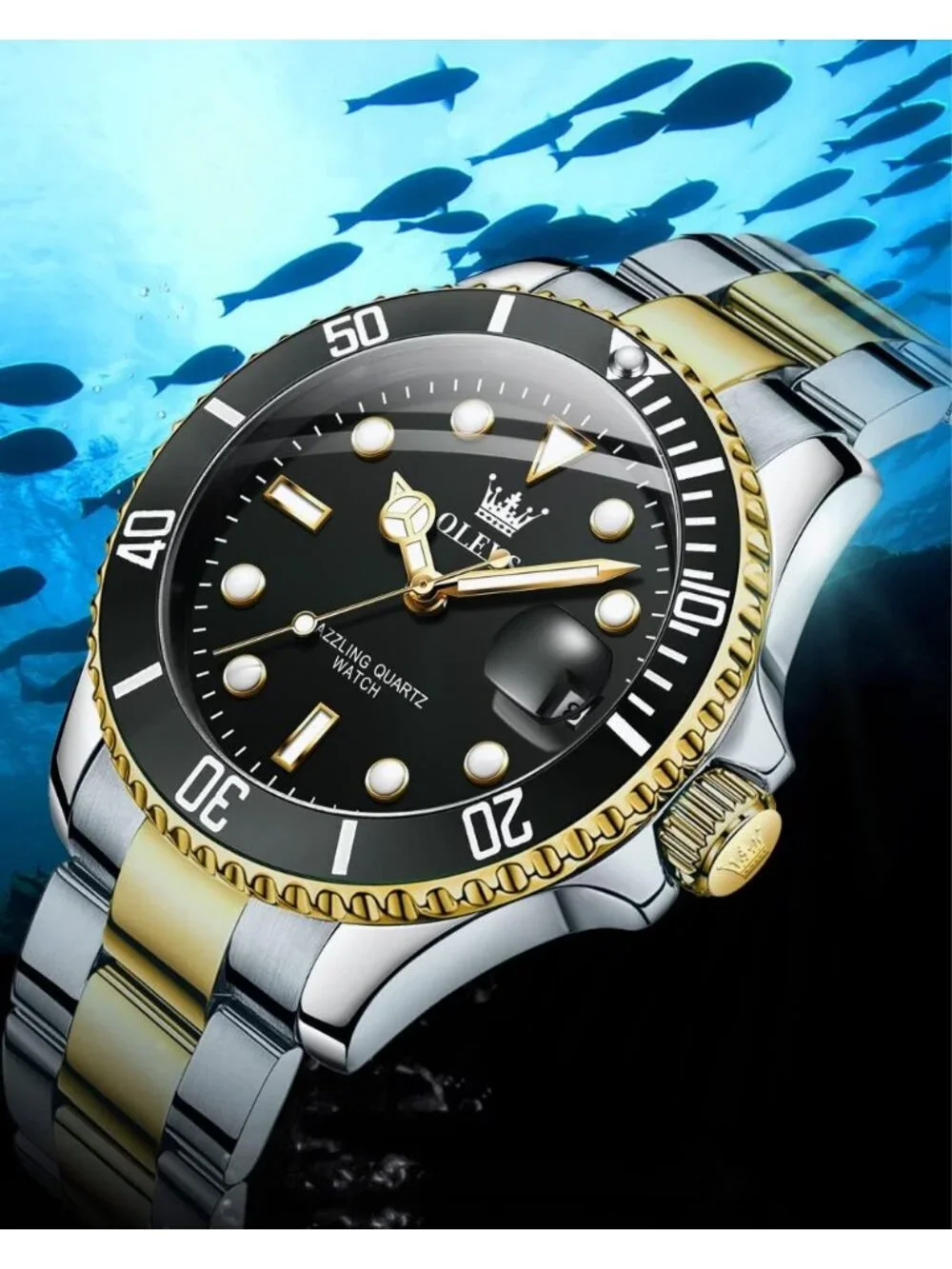 Mens Black Premium Gold and Silver Stainless Analog Rotatable Bezel Steel Watch